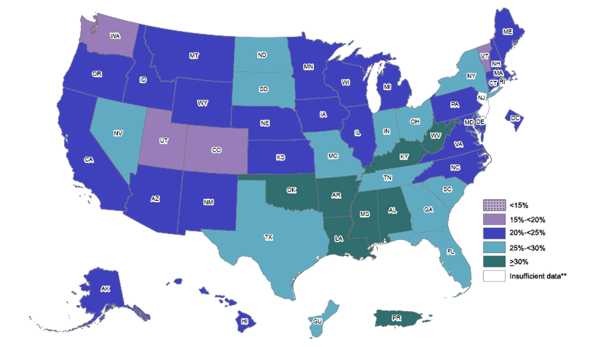 Guam and fourteen US states had physical inactivity of 25 percent to less than 30 percent.